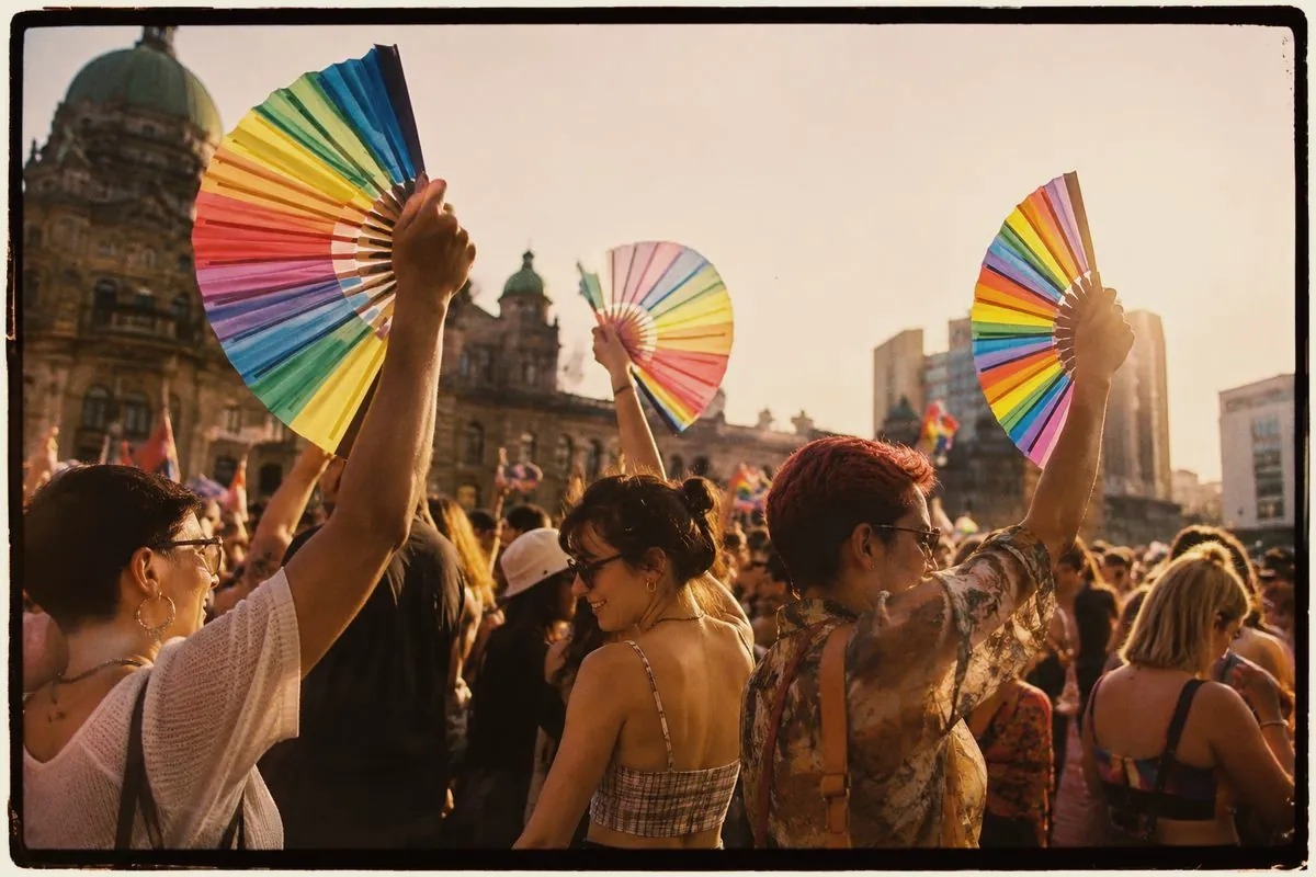 Pride celebration with rainbow fans